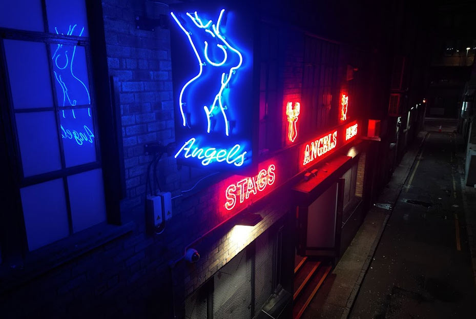 Outside Angels Paradise club at night