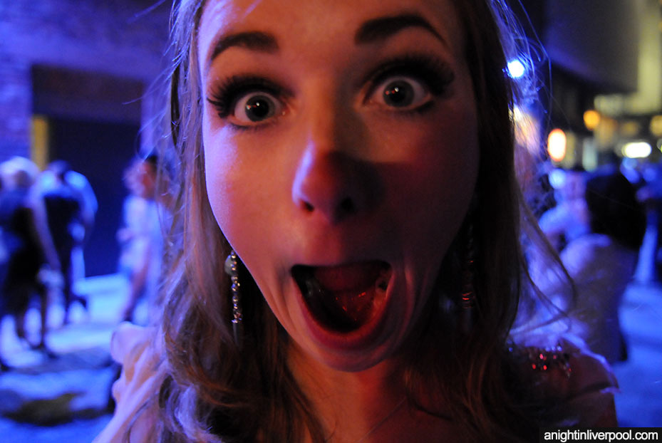 Close-up of a woman enjoying a night out in Liverpool