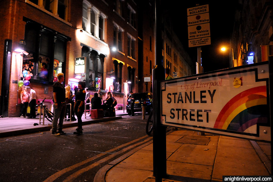 Stanley street at night showing street sign of the gay quarter