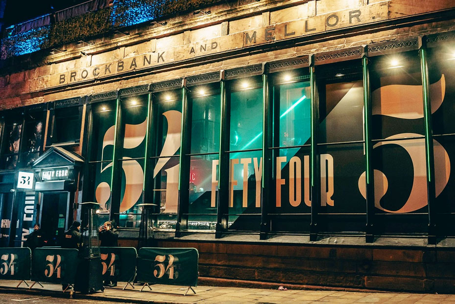 Outside 54 Liverpool on Seel Street at night